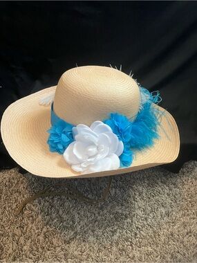 Beautiful spring Straw Sun Hat handmade with Turquoise & White Floral Trim
